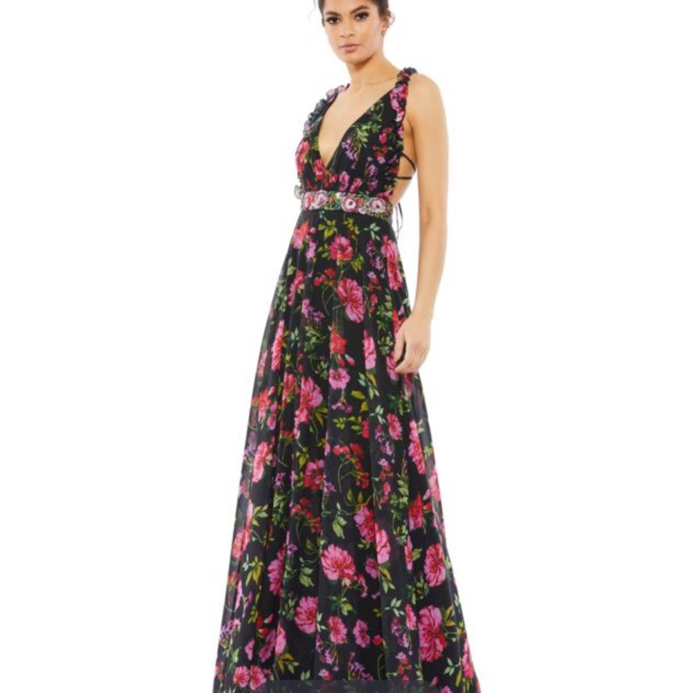Mac Duggal Black and Pink Floral Maxi Dress